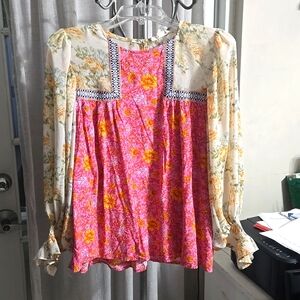 Entro Dusty Sage Floral Long Bubble Sleeve cottage core bohemian festival size S